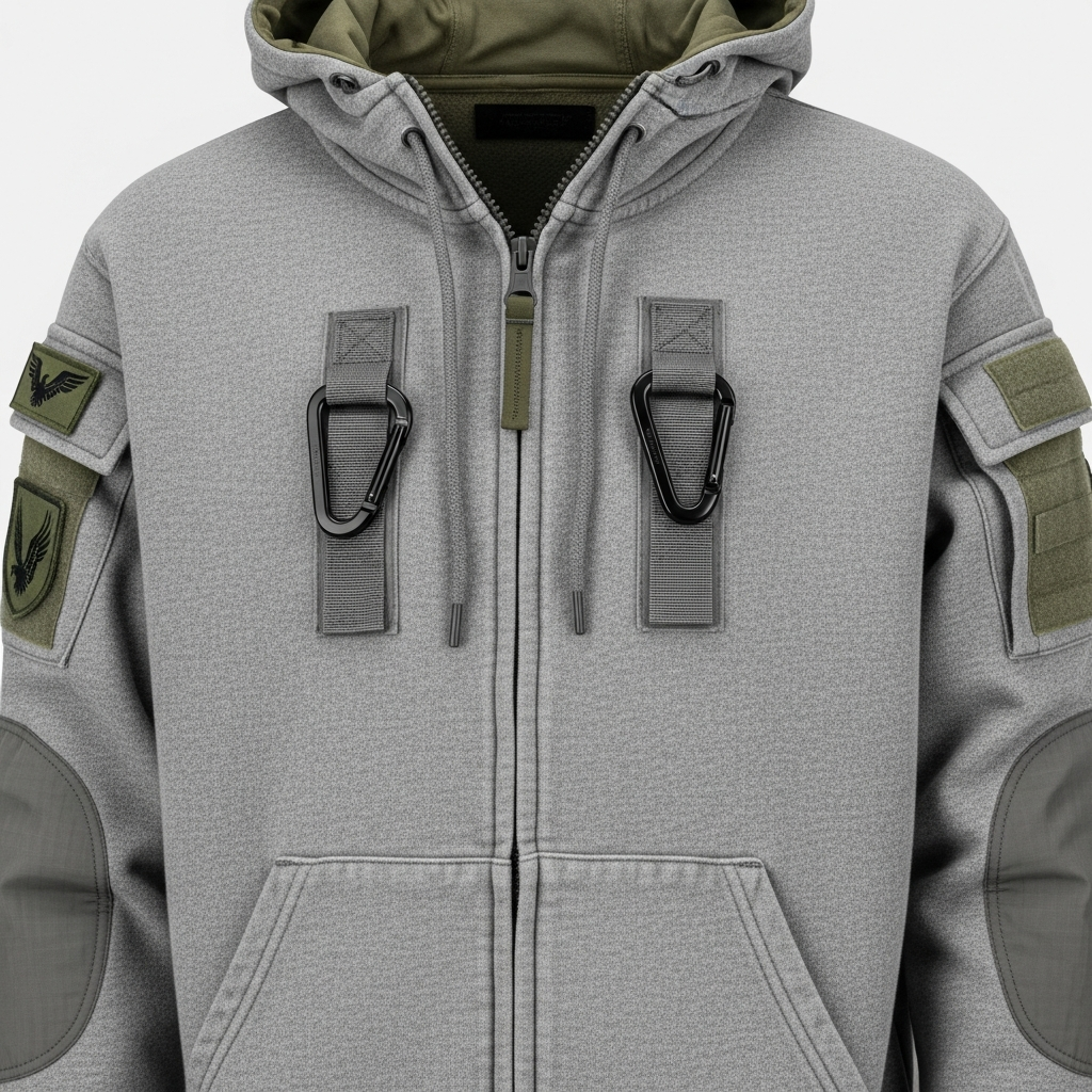Military-inspired hoodie with carabiner clips